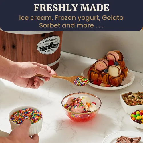 Miniatura 5 de Elite Gourmet EIM418 Máquina para hacer helados eléctrica con cubeta de nogal vintage de 4 cuartos estilo antiguo, utiliza hielo y sal de roca