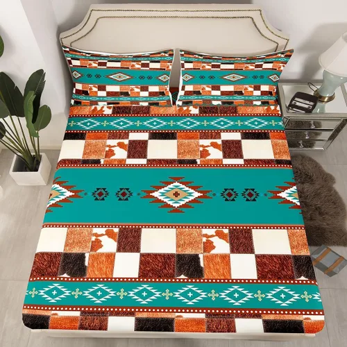 Miniatura 48 de Juego de ropa de cama de estilo bohemio occidental, tamaño individual, diseño de vaca atrapasueños, sábana bajera ajustable del suroeste, tribu