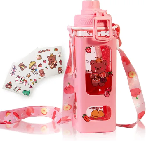 Miniatura 8 de Botella de agua Kawaii para niños, lindas botellas de agua con pajilla, botella portátil cuadrada para beber, jarra de agua a prueba de fugas