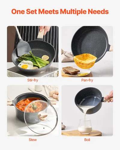 Miniatura 4 de VEVOR Juego de ollas y sartenes de 19 piezas, juego de utensilios de cocina antiadherentes de granito, utensilios de cocina de inducción