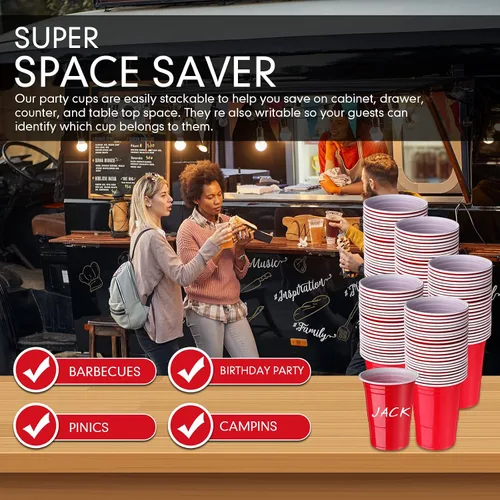 Miniatura 5 de Mimorou - Paquete de 200 vasos de plástico de 16 onzas desechables para fiestas, graduaciones, bodas, apilables, resistentes para barbacoa, Rojo