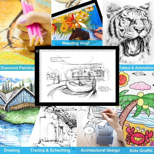 Miniatura 8 de Almohadilla de luz LED A4 para trazar, tablero de luz de dibujo de brillo ajustable para pintura de diamante, desmalezado de vinilo, bocetos