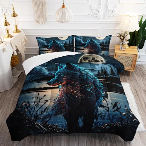 Miniatura 23 de AILONEN Juego de edredón con cabeza de lobo impresa tamaño individual, juego de ropa de cama de lobo para la noche para niños y hombres, juego
