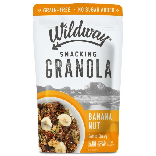 Wildway Granola Keto | Nuez de plátano | Cereal certificado sin gluten, sin granos, vegano, bajo en carbohidratos | Sin azúcar añadido | Apto para