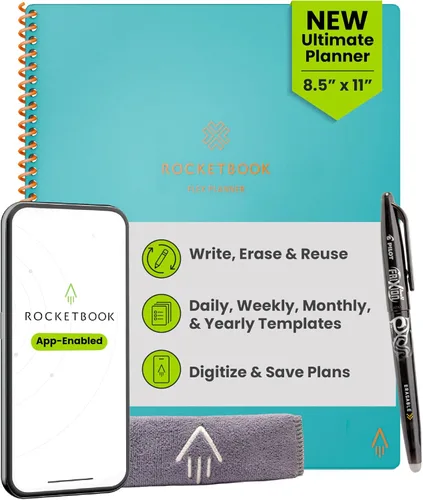 Miniatura 23 de Rocketbook Fusion Hybrid - Planificador y cuaderno reutilizables en uno, páginas en blanco adicionales, rastreador de metas y proyectos, Azul marino