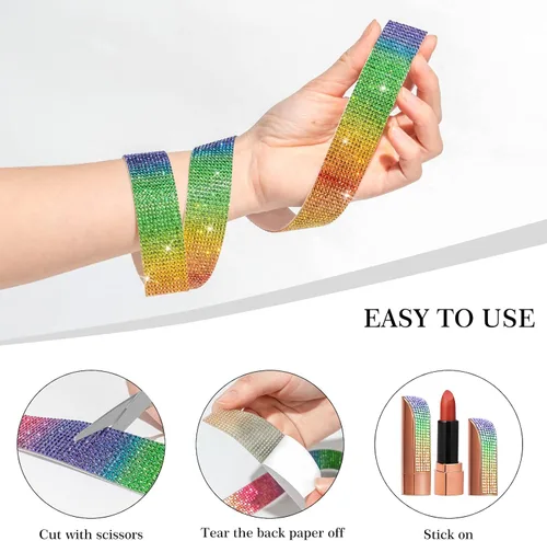 Miniatura 5 de 3 rollos de 9 yardas de cinta de diamantes de imitación de cristal autoadhesiva de colores y arco iris, rollo de calcomanías de diamantes brillantes