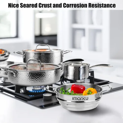 Miniatura 6 de imarku Juego de ollas y sartenes, 14 piezas de utensilios de cocina de acero inoxidable revestido de tres capas con mango y tapas colgadas, se
