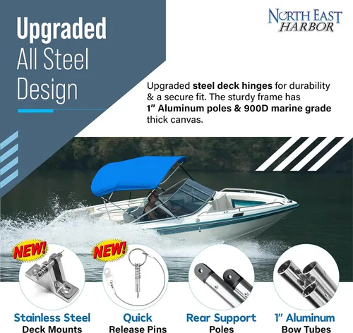 Miniatura 7 de NEH - Bimini Tops de 3 lazos para barcos, postes de apoyo, lona marina 900D a prueba de decoloración, funda de almacenamiento universal para pontón