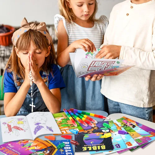 Miniatura 6 de BenLouis 24 libros para colorear cristianos mini para niños con 24 crayones apilables, versos bíblicos, recuerdos de fiesta, libros de actividades a
