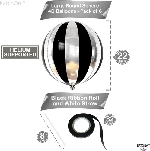 Miniatura 2 de Katchon, Globos grandes de color negro y plateado, 22 pulgadas, paquete de 6, globos a rayas para decoraciones de fiesta en negro y plateado