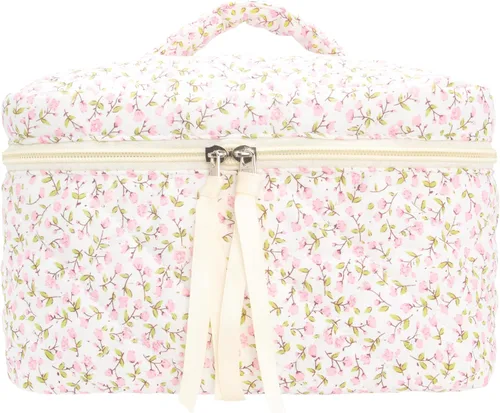Miniatura 13 de PAZIMIIK - Bolsa de maquillaje de algodón para mujer, grande, acolchada para viaje, Rosa (Bow Pink), Vintage