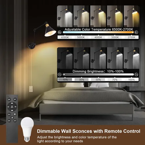 Miniatura 3 de TRLIFE Aplique de pared regulable, apliques de pared con control remoto, atenuación de 10% a 100% y temperatura de color ajustable de 2700 K-6000 K