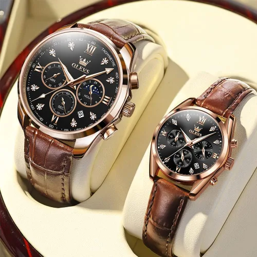 Miniatura 2 de OLEVS Juego de 2 relojes de cuarzo para parejas de San Valentín, para él y ella, cronógrafo de cuero, con diamantes para hombres, mujeres, amantes