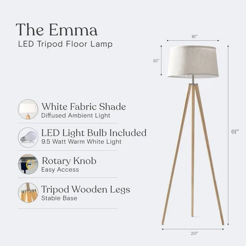 Miniatura 4 de Lámpara de pie Emma de trípode de Brightech. Diseño clásico para salas de estar contemporáneas o tradicionales. Iluminación ambiental suave., Madera