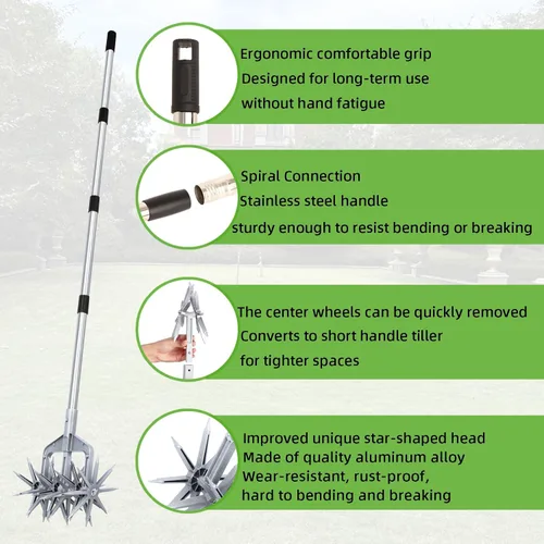 Miniatura 9 de Cultivador giratorio, herramienta de jardín ajustable con púas de metal sólido desmontables para aflojar y mezclar tierra, cultivador de jardín