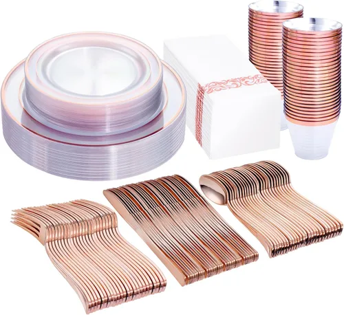 Juego de vajilla de 350 piezas de color oro rosa de DaYammi – Incluye: 50 platos de cena de 26 cm, 50 platos de postre de 19 cm, 50 cubiertos de oro