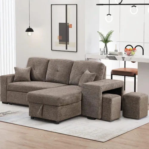 Miniatura 21 de Sofá cama modular de 104 pulgadas con diván convertible de almacenamiento y taburetes para sala de estar, moderno sofá cama extraíble de 3 asientos