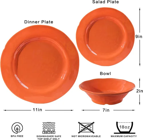 Miniatura 7 de LEHAHA Juego de vajilla de melamina naranja, juego de 12 piezas de vajilla de cocina, platos y cuencos, juego de vajilla ligera e irrompible para 4