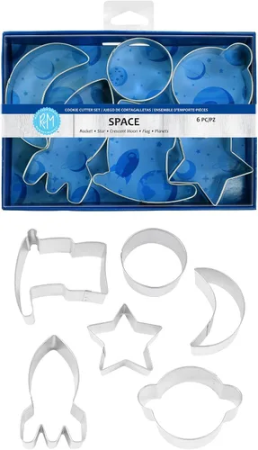 Miniatura 2 de R&M International Space - Cortadores de galletas, cohete, estrella, luna creciente, bandera, planeta, círculo, juego de 6 piezas, plateado