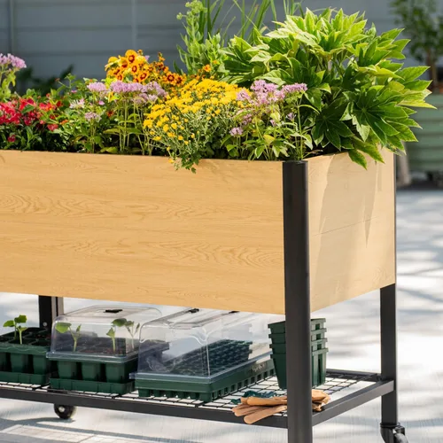Miniatura 8 de Cama de jardín elevada con ruedas, macetas elevadas de grano de madera de metal de 2 x 4 pies con patas y estante de almacenamiento para patio