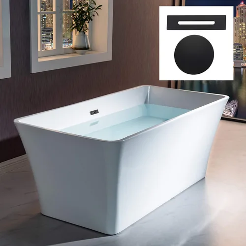 Miniatura 11 de WOODBRIDGE Bañera de acrílico independiente de 67 pulgadas, bañera blanca de remojo contemporáneo con desbordamiento y drenaje de oro cepillado
