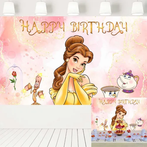 Fondo de princesa Bella para decoración de cumpleaños, fondo de fotos de oro rosa con purpurina, pancarta vintage para mesa de pasteles, suministros