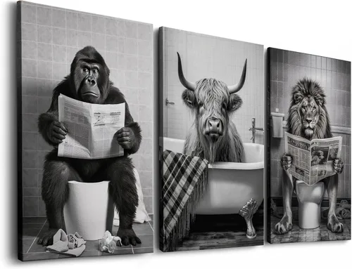 Divertido lienzo decorativo para pared con diseño de animales, decoración de baño en blanco y negro, juego de 3 listos para colgar (12 x 16 pulgadas)