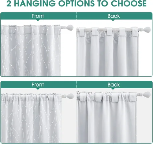 Miniatura 6 de HOMEIDEAS Cortinas opacas de color gris claro de 52 x 96 pulgadas de largo, 2 paneles de línea ondulada plateada con puntos impresos, pestaña