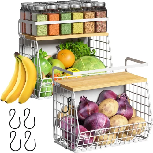 Miniatura 23 de Juego de 2 estantes magnéticos para refrigerador con tapa de madera, contenedores de almacenamiento de papas y cebollas, organizadores y Negro