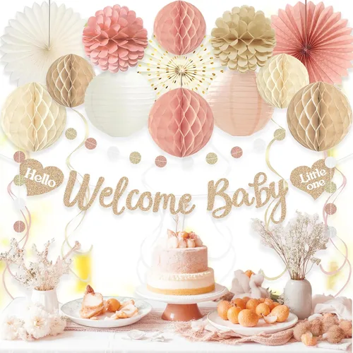 Miniatura 8 de Decoraciones de baby shower boho para niña, pancarta de bienvenida con bolas de nido de abeja pre-hiladas, flores de papel, linternas, abanicos