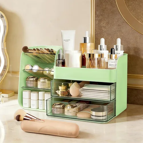 2026 Organizador de maquillaje de encimera con cajones, organizador de cosméticos con soporte de brochas de viaje, organizador de cuidado de la piel