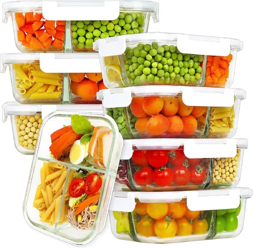 Miniatura 9 de HOMBERKING - Paquete de 8 contenedores de vidrio para preparación de comidas, 3 compartimentos, contenedores de vidrio para almacenamiento