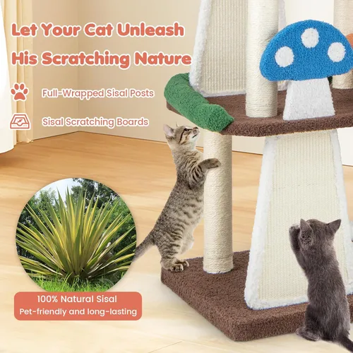 Miniatura 7 de Tangkula - Árbol para gatos en forma de hongo, torre para gatos de varios niveles con postes de sisal completamente envueltos, tableros para rascar