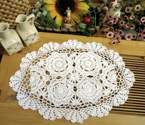 Miniatura 8 de Phantomon Juego de 4 manteles individuales hechos a mano de ganchillo de algodón, paquete de 4, forma ovalada, 12 x 17 pulgadas (beige)