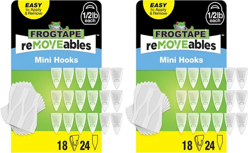Miniatura 15 de FrogTape reMOVEables - Mini ganchos adhesivos para colgar, 18 ganchos transparentes y 24 tiras adhesivas, clips de interior sin daños para luces