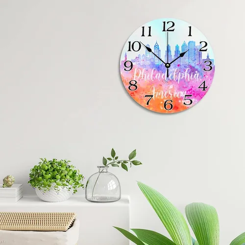 Miniatura 4 de Reloj de pared con silueta de horizonte de Filadelfia de Estados Unidos, acuarela, paisaje urbano, relojes de pared grandes, funciona con pilas, 10