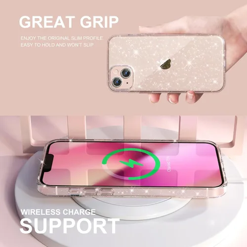 Miniatura 6 de Choiche Compatible con iPhone 13, funda para mujer con purpurina brillante, 2 protectores de lente de cámara con diamantes, funda protectora a