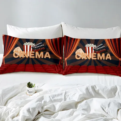 Miniatura 5 de Juego de sábanas de película de palomitas de maíz, tamaño individual, juego de sábanas de cine retro, rojo y negro, sábana bajera ajustable