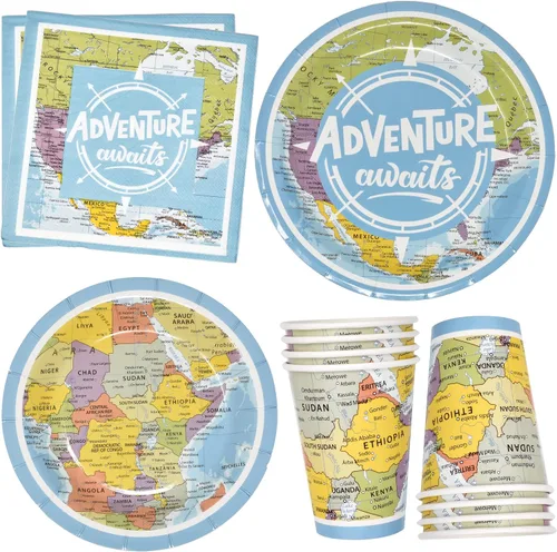 Gift Boutique Juego de 96 piezas de suministros de fiesta Adventure Awaits - Juego de servilletas de papel para mapa del mundo, viaje a bordo de