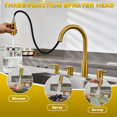 Miniatura 2 de Tohlar Grifo de cocina de 4 agujeros, grifo de cocina dorado cepillado con dispensador de jabón y rociador extraíble, 3 modos, grifo de fregadero