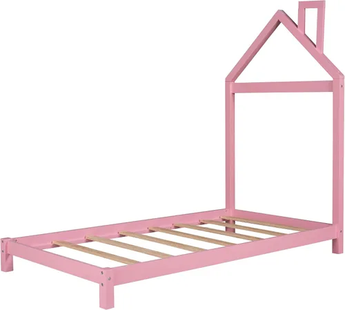 Miniatura 4 de Cama de plataforma de madera de tamaño individual con cabecera en forma de casa, plataforma única para niños y niñas, no requiere somier