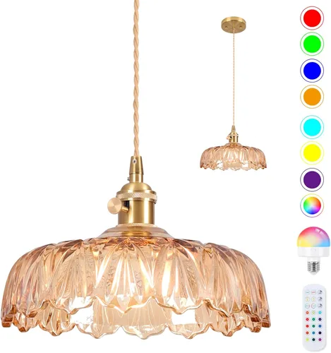 Miniatura 26 de Luces Colgantes para Isla de Cocina, Luz Colgante de Cristal Verde Accesorios de Iluminación Vintage, 9.4 pulgadas E26 Acabado Lámpara Colgante