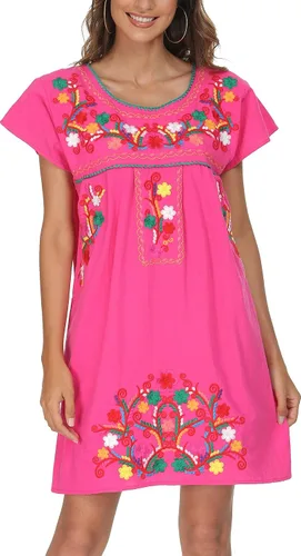 Miniatura 3 de YZXDORWJ - Vestido mexicano bordado de manga corta para mujer