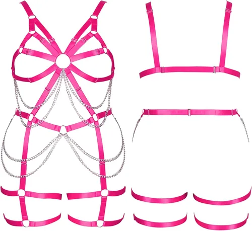 Miniatura 2 de Arnés de cuerpo de las mujeres más tamaño liguero completo jaula ahueca hacia fuera marco Strappy Medias sujetador conjunto Punk goth Rave ropa