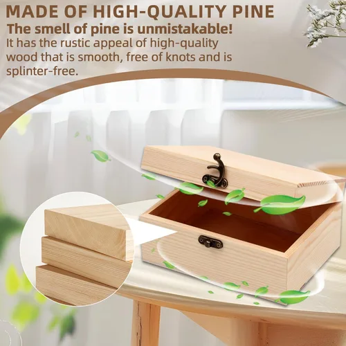 Miniatura 4 de Caja de madera sin pintar sin terminar con tapa con bisagras para manualidades, almacenamiento de joyas, caja de pino liso, pequeña 6.7 x 5.1 x 3.1