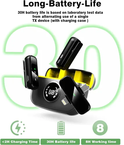 Miniatura 3 de Micrófono Lavalier inalámbrico para iPhone/Android - Mini micrófono dual con cancelación de ruido con funda de carga (30H), micrófono de clip