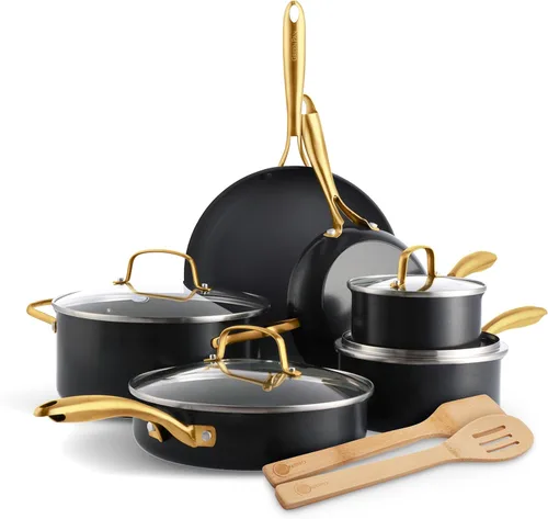 GreenPan Juego de 12 piezas de ollas y sartenes antiadherentes Swift, ollas y sartenes de cerámica sin PFAS con tapas, apto para lavavajillas y Negro