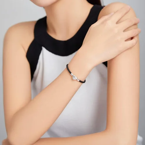 Miniatura 4 de Pulsera tejida de cuero negro auténtico con plata de ley 925 con cierre de cruz de corazón para cuentas Pandora