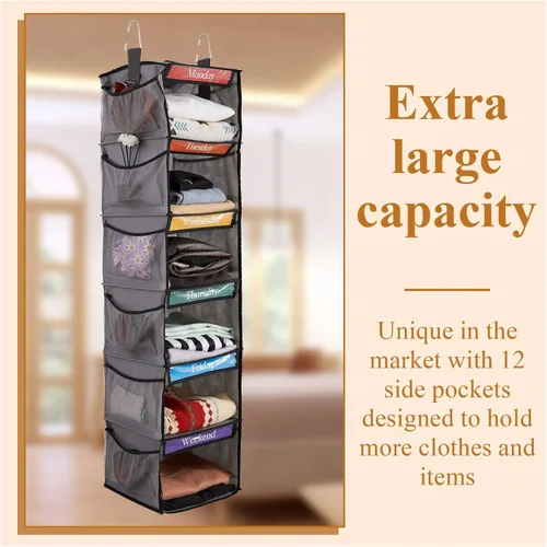 Miniatura 3 de Amylove Paquete de 2 organizadores semanales de ropa de 6 estantes para niños con bolsillo lateral, organizador de ropa para días de la semana de 47