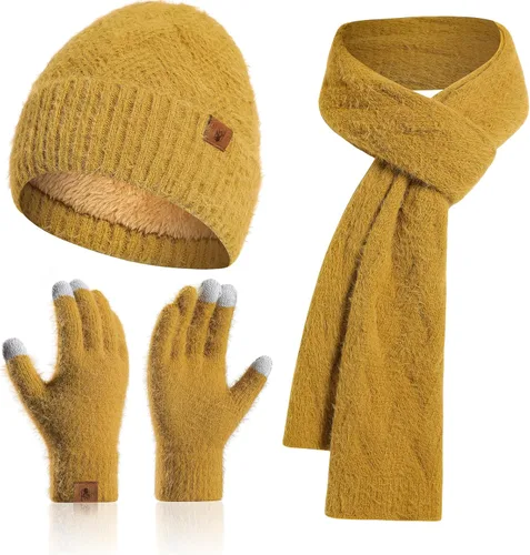 Miniatura 7 de Gorro de punto de invierno para mujer con guantes para pantalla táctil, gorro de pompón, bufandas para el cuello para hombres